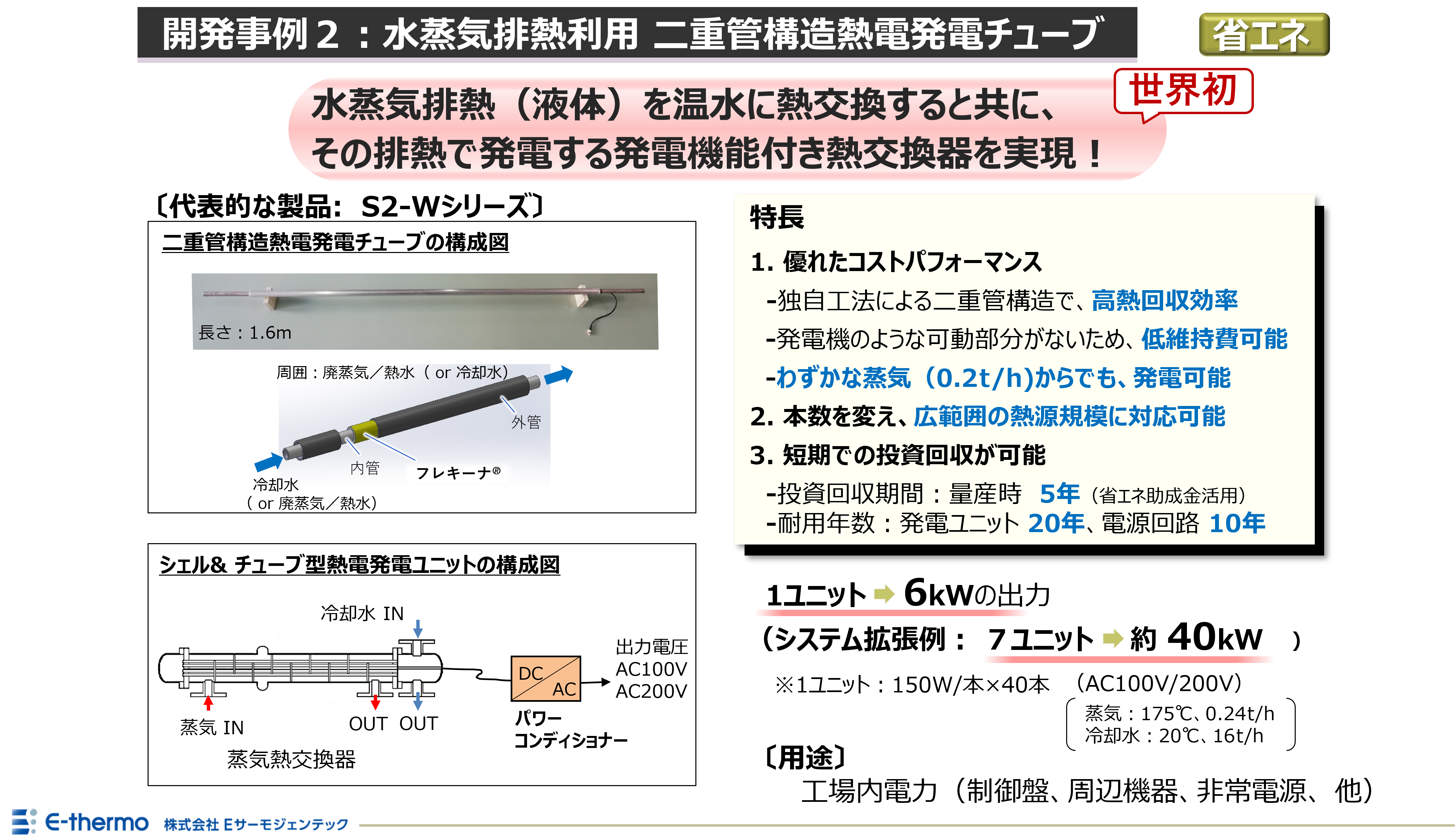 開発事例2：水蒸気排熱利用 二重管構造熱電発電チューブ